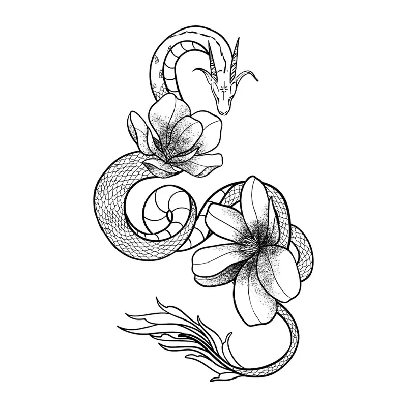 Tatuagem temporária Dragões e Fantasia — Dragão com flores. Inclui dragão, flores