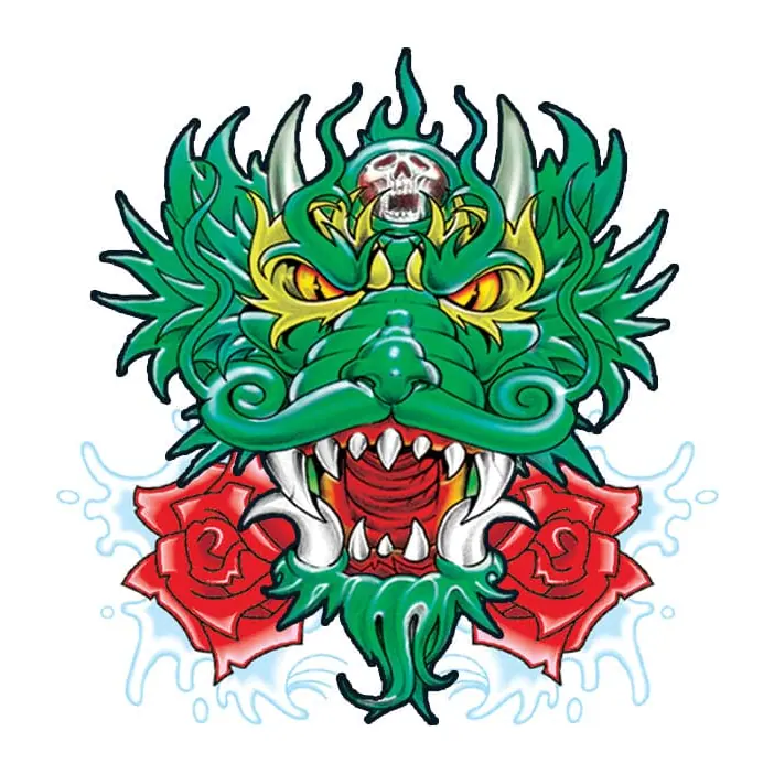 Tatuagem temporária Dragões e Fantasia — Dragão verde com rosas. Inclui dragão, rosas