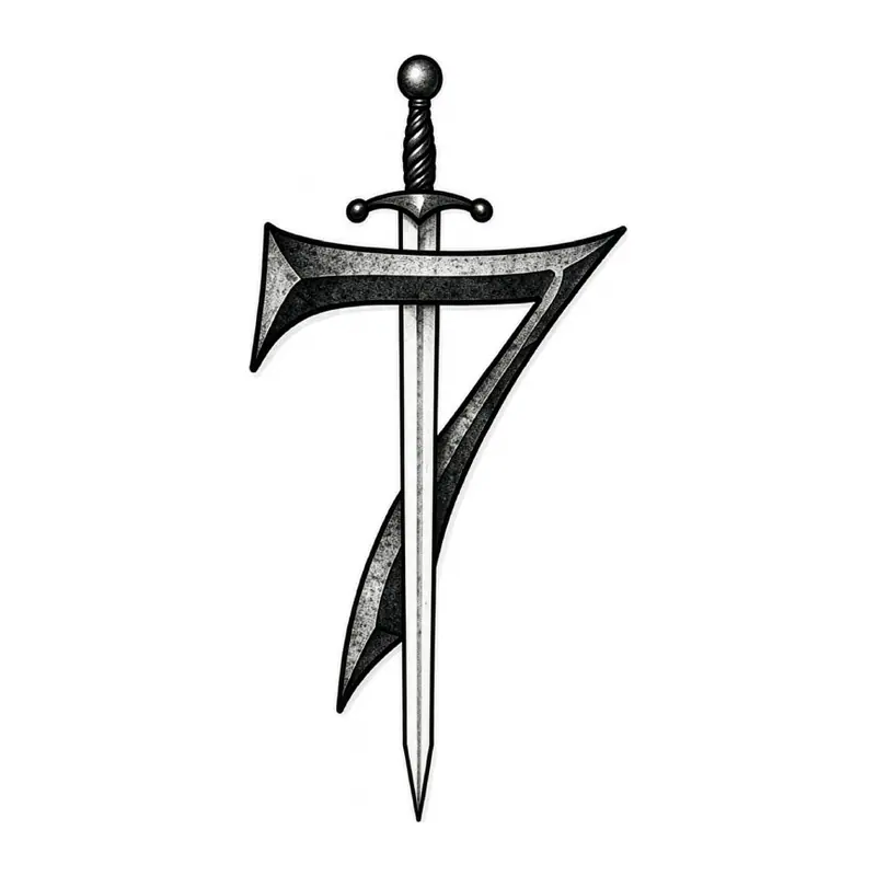 Tatuagem temporária Espadas e Armas — Espada com número 7. Inclui espada, número