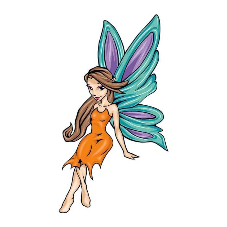 Tatuagem temporária Dragões e Fantasia — Fada de vestido laranja. Inclui fada
