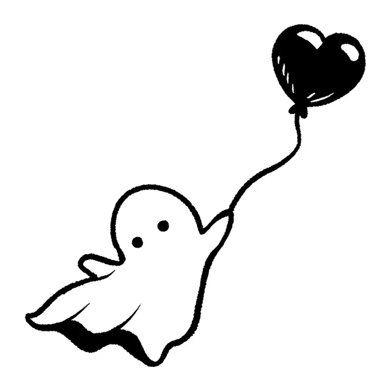 Tatuagem temporária Caveiras e Sombrio — Fantasminha com balão de coração. Inclui fantasma, coração