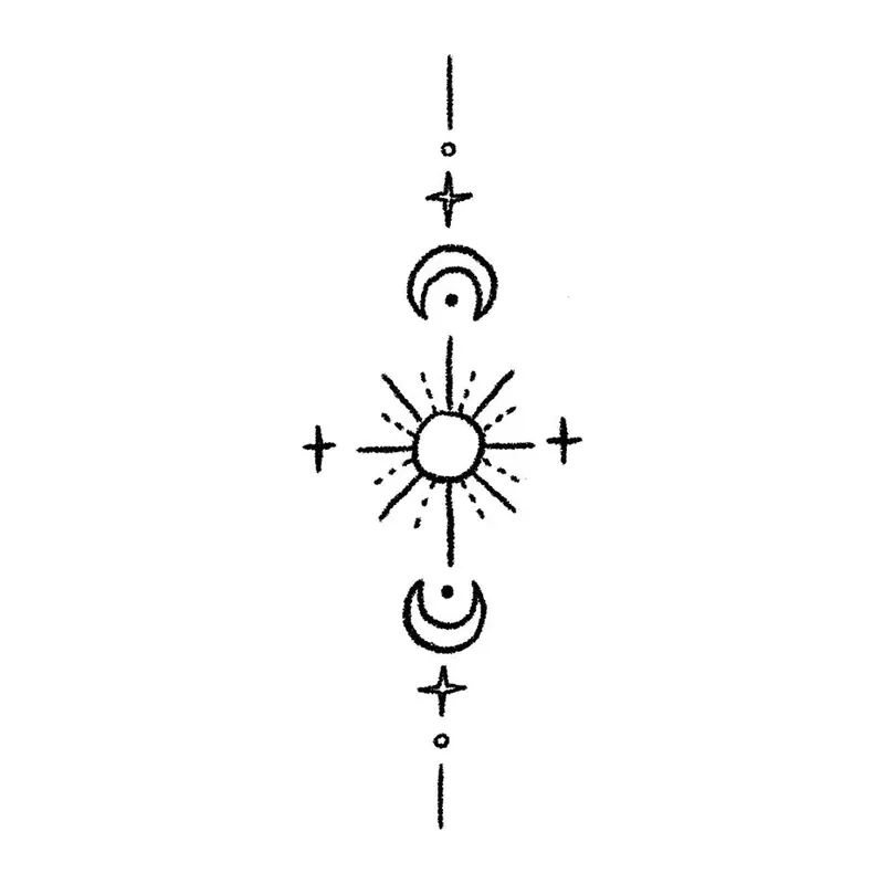 Tatuagem temporária Lua e Sol — Fases da lua e sol vertical. Inclui lua, sol