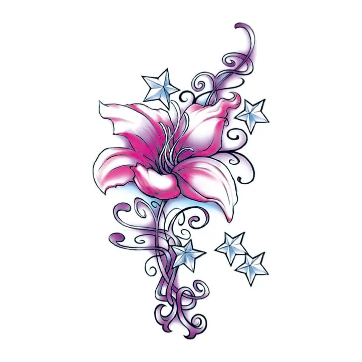 Tatuagem temporária Flores — Flor rosa com estrelas. Inclui flor, estrelas