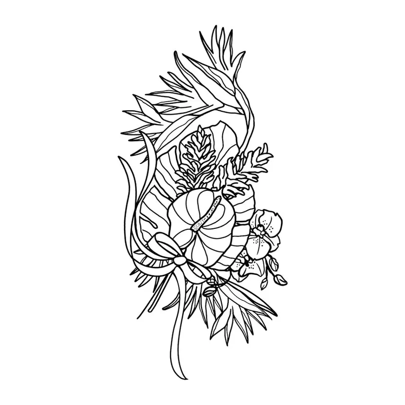 Tatuagem temporária Flores — Flores com folhagem tropical. Inclui flores, folhas