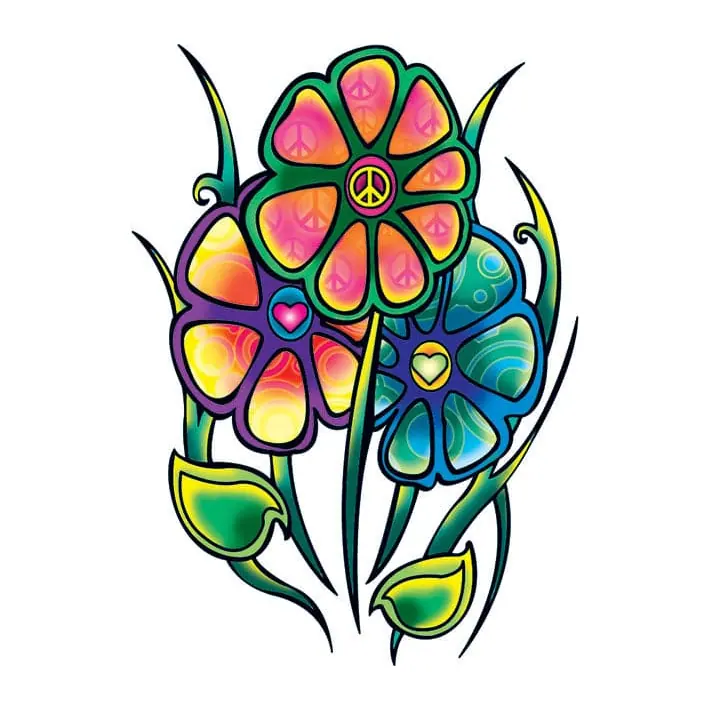 Tatuagem temporária Flores — Flores hippie coloridas. Inclui flores