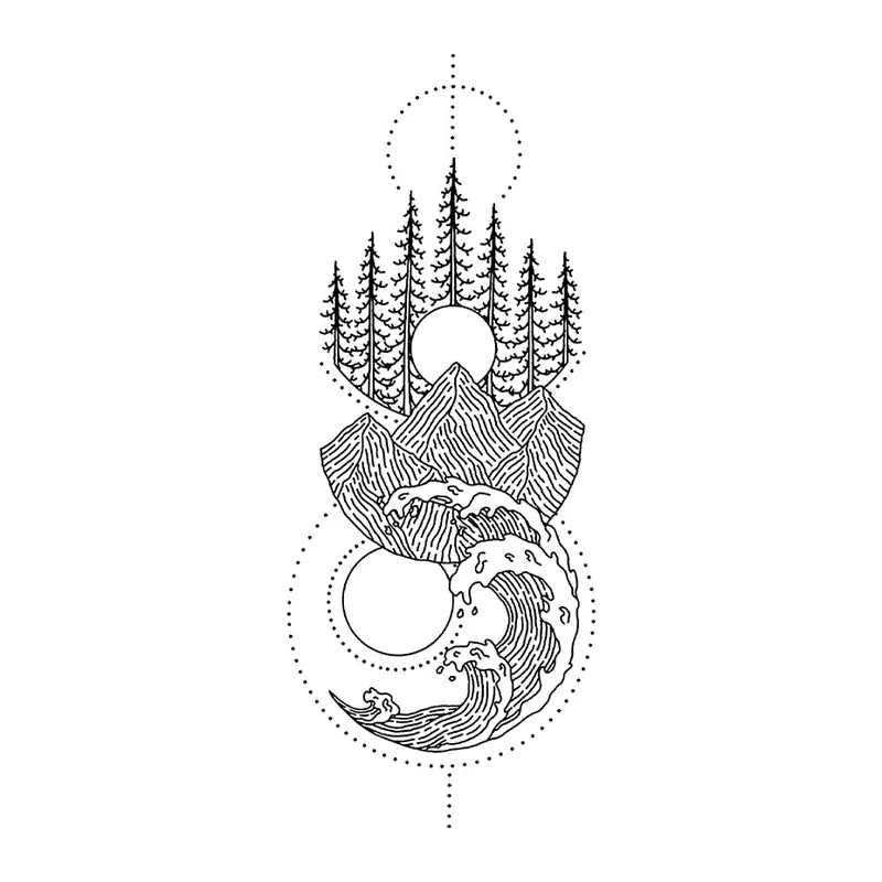 Tatuagem temporária Montanhas e Paisagens — Floresta e onda em círculos. Inclui floresta, onda