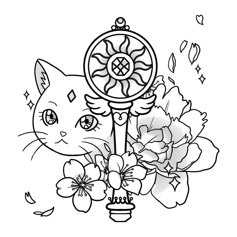 Tatuagem temporária Gatos — Gato com chave mágica e flores. Inclui gato, chave, flores