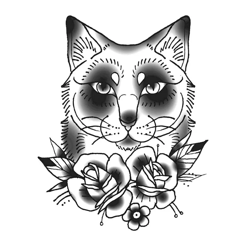 Tatuagem temporária Gatos — Gato com rosas. Inclui gato, rosas