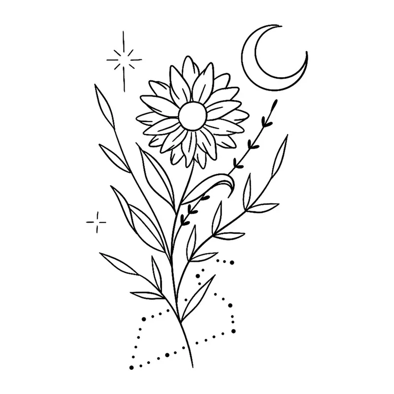 Tatuagem temporária Flores — Girassol com lua e constelação. Inclui girassol, lua