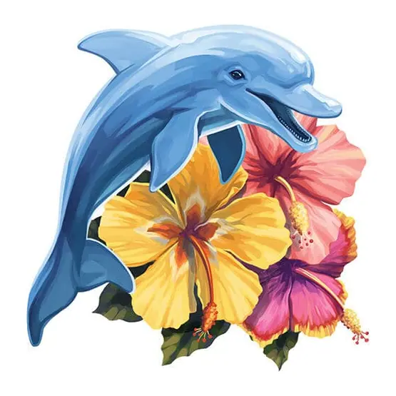 Tatuagem temporária Mar e Animais Marinhos — Golfinho com hibiscos. Inclui golfinho, hibiscos