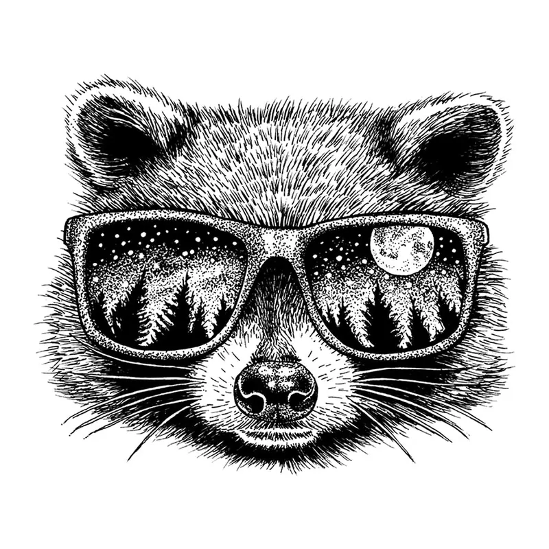 Tatuagem temporária Animais Selvagens — Guaxinim de óculos com floresta. Inclui guaxinim, floresta