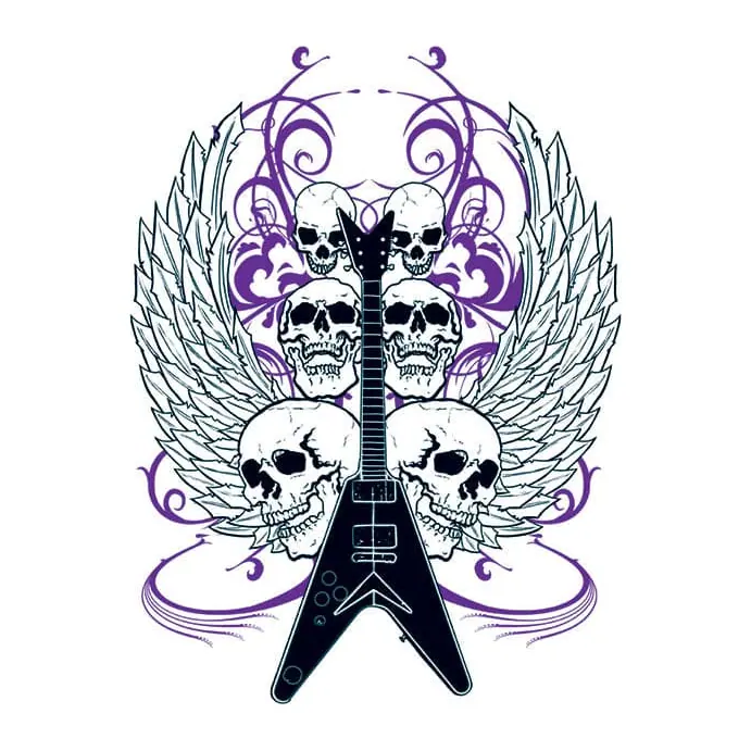 Tatuagem temporária Música — Guitarra com caveiras e asas. Inclui guitarra, caveiras, asas