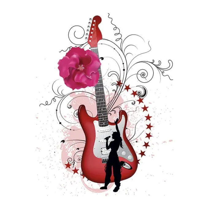Tatuagem temporária Música — Guitarra com flor. Inclui guitarra, flor