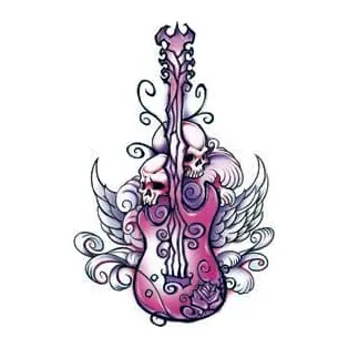 Tatuagem temporária Música — Guitarra rosa com caveiras. Inclui guitarra, caveiras