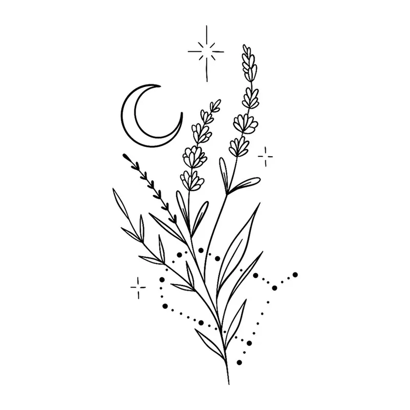 Tatuagem temporária Flores — Lavanda com lua e estrelas. Inclui lavanda, lua, estrelas