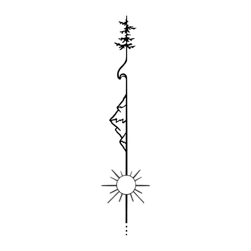 Tatuagem temporária Minimalista — Linha vertical com montanha e sol. Inclui montanha, sol, pinheiro