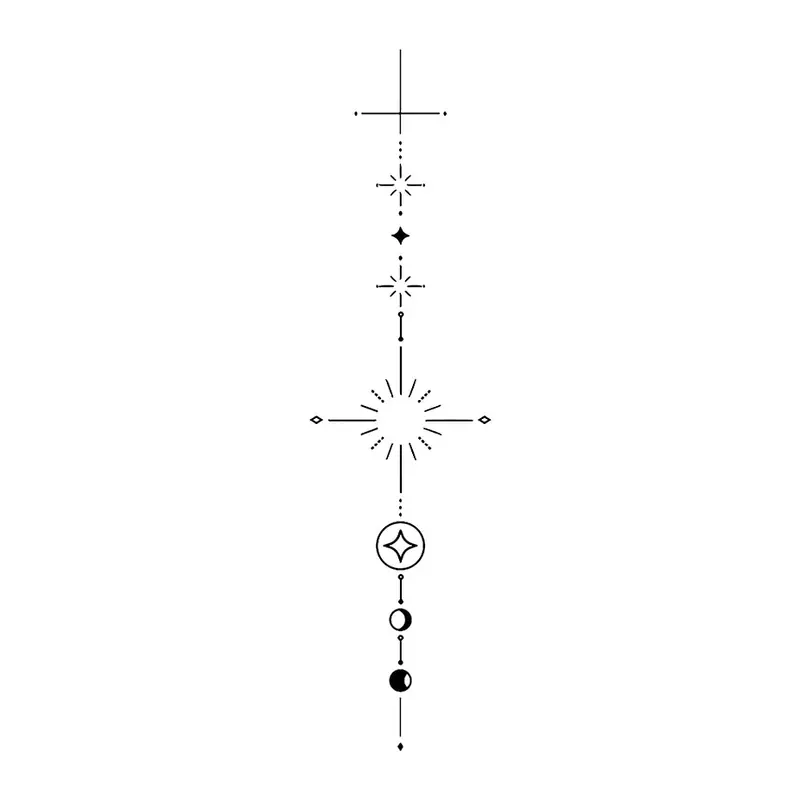 Tatuagem temporária Minimalista — Linha vertical com sol e pontos. Inclui sol, pontos