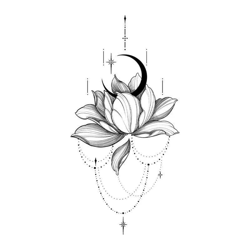 Tatuagem temporária Flores — Lótus com lua e correntes. Inclui lótus, lua