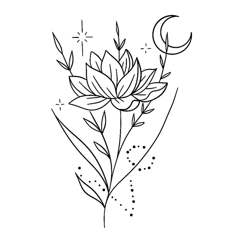 Tatuagem temporária Flores — Lótus com lua e ramos. Inclui lótus, lua