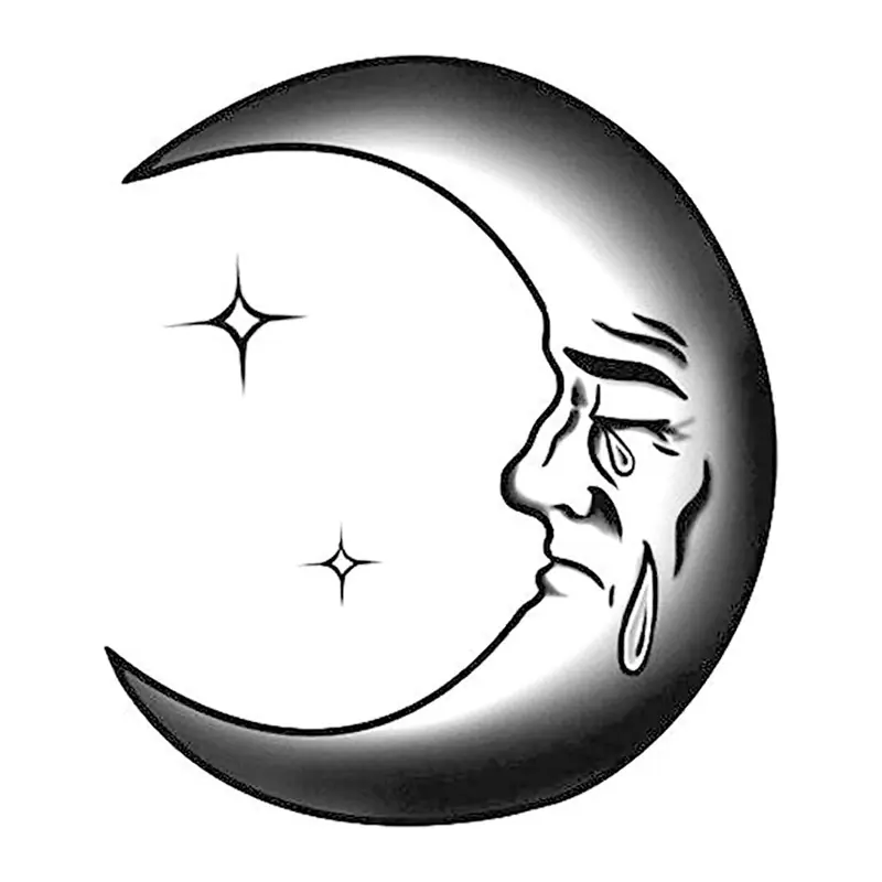 Tatuagem temporária Lua e Sol — Lua chorando sombreada. Inclui lua, estrelas