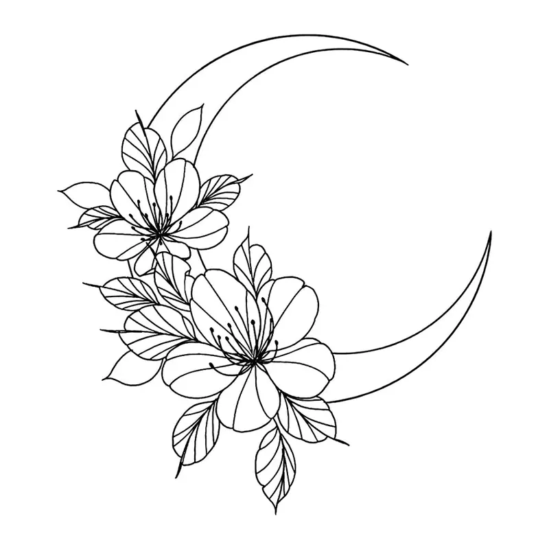 Tatuagem temporária Lua e Sol — Lua crescente com flores. Inclui lua, flores
