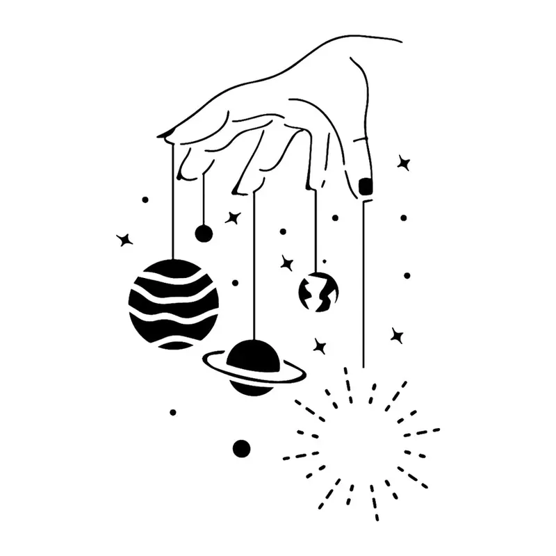 Tatuagem temporária Planetas e Espaço — Mão com planetas pendurados. Inclui mão, planetas