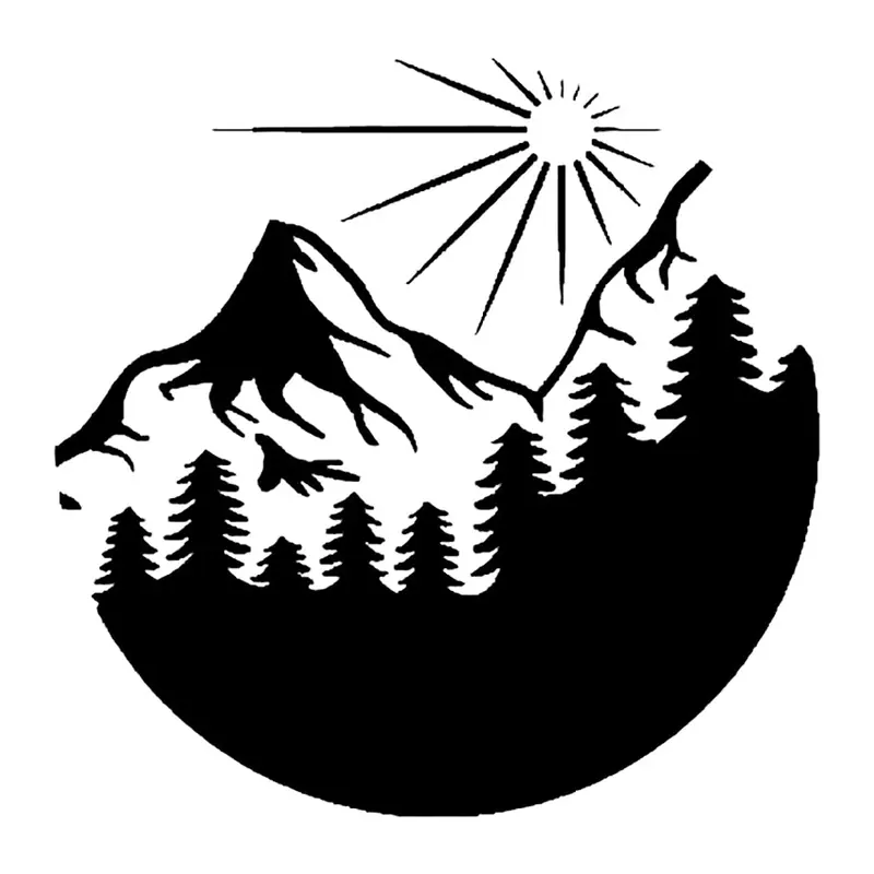 Tatuagem temporária Montanhas e Paisagens — Montanhas com floresta e sol em círculo. Inclui montanhas, pinheiros, sol