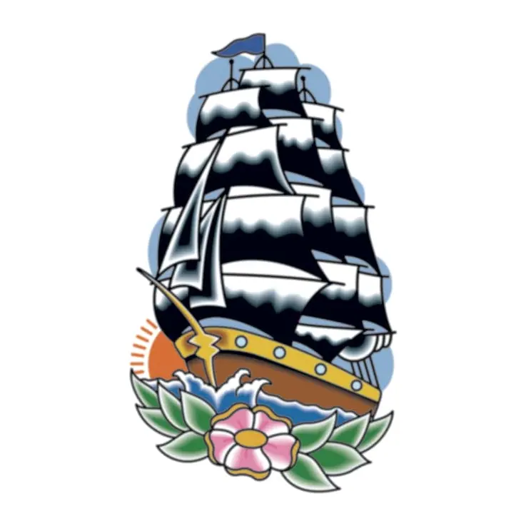 Tatuagem temporária Mar e Animais Marinhos — Navio de velas vintage. Inclui navio