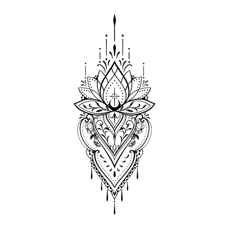 Tatuagem temporária Mandalas e Ornamentos — Ornamento de lótus vertical. Inclui lótus