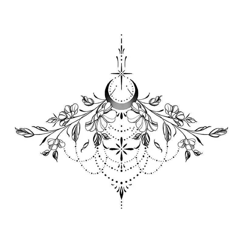 Tatuagem temporária Flores — Ornamento floral com lua. Inclui flores, lua