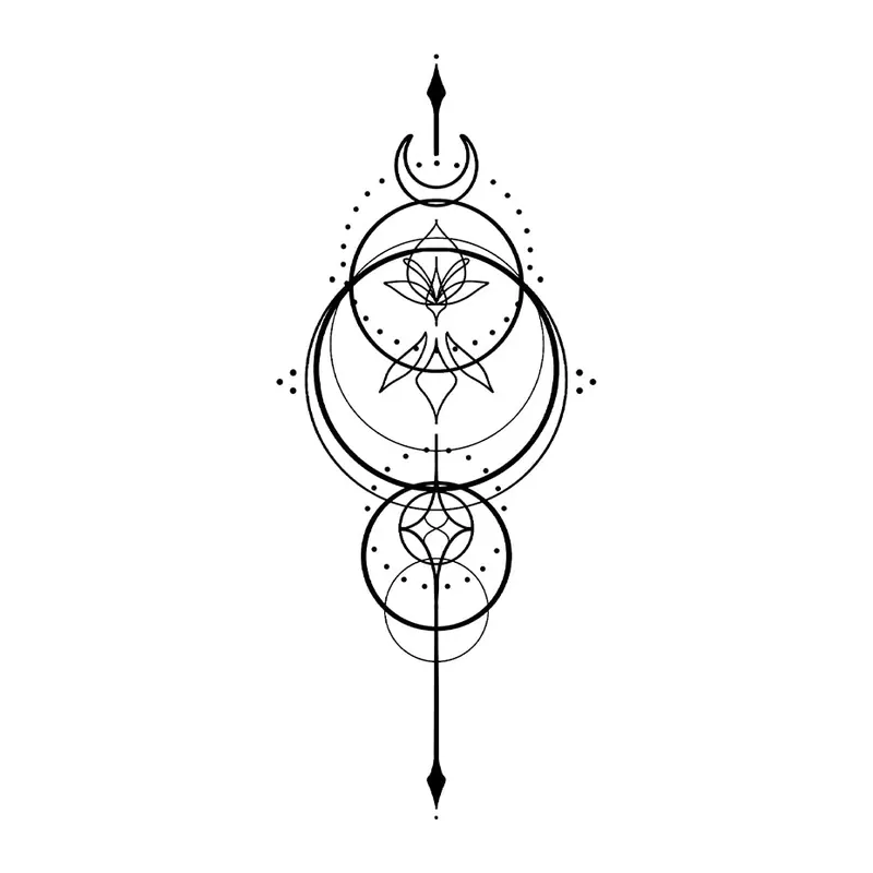 Tatuagem temporária Mandalas e Ornamentos — Ornamento vertical de círculos e luas. Inclui círculos, luas