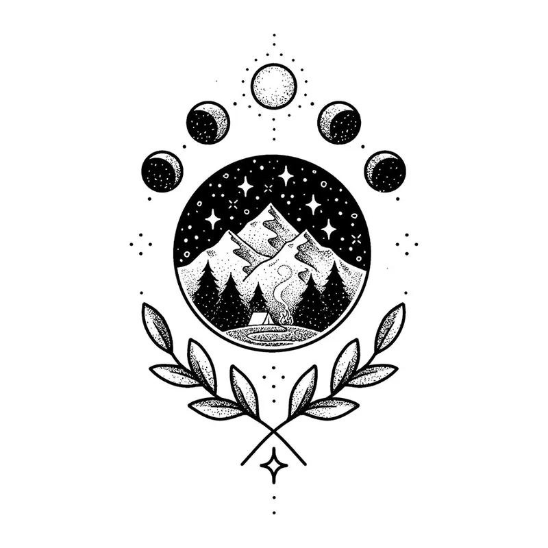 Tatuagem temporária Montanhas e Paisagens — Paisagem com fases da lua. Inclui montanhas, lua