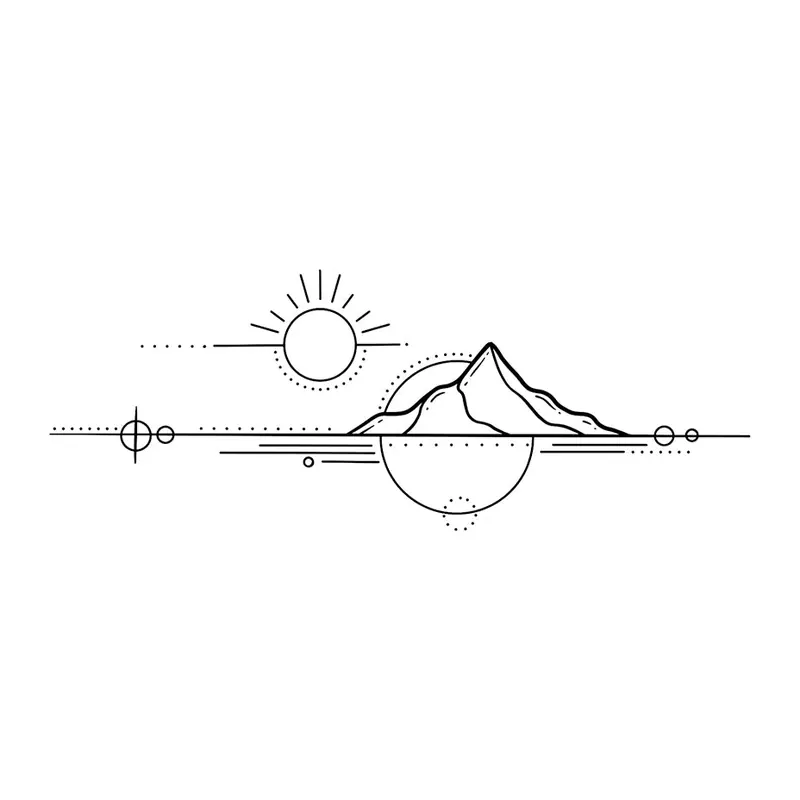 Tatuagem temporária Montanhas e Paisagens — Paisagem minimalista com sol. Inclui montanha, sol