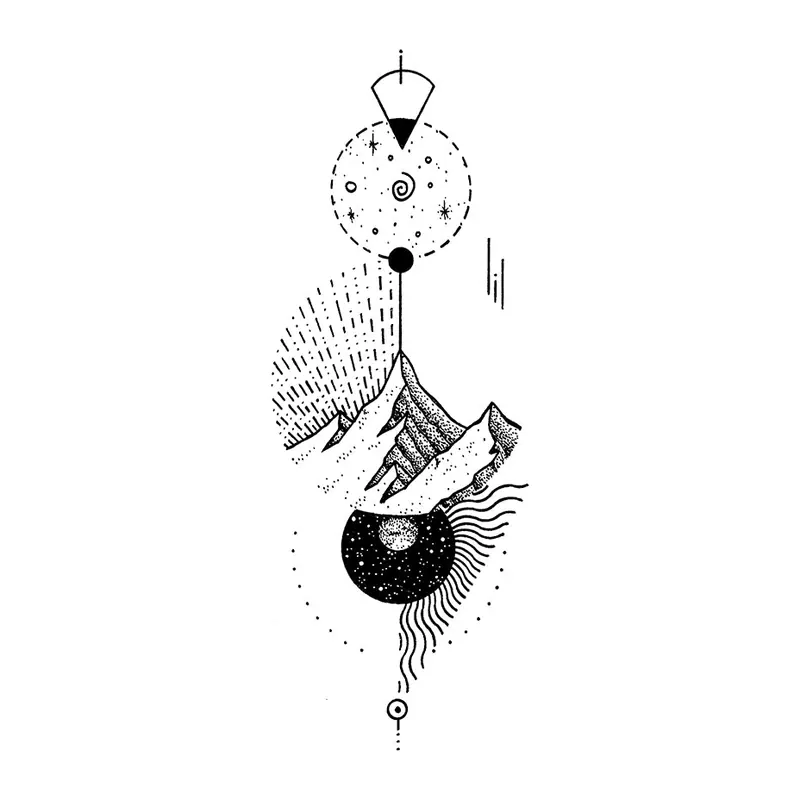 Tatuagem temporária Montanhas e Paisagens — Paisagem vertical com lua e montanha. Inclui montanha, lua, sol