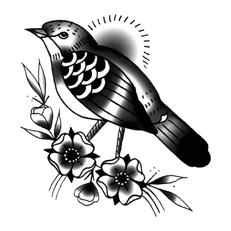 Tatuagem temporária Pássaros — Pássaro com flores old school. Inclui pássaro, flores