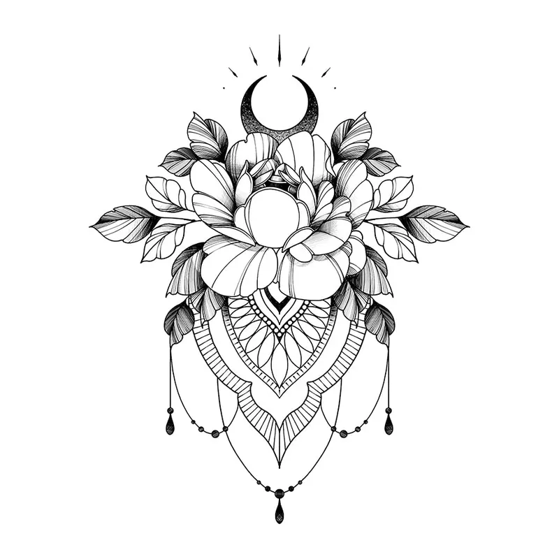 Tatuagem temporária Flores — Peônia com ornamento de lua. Inclui peônia, lua