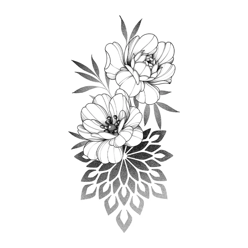 Tatuagem temporária Flores — Peônias com mandala. Inclui peônias, mandala