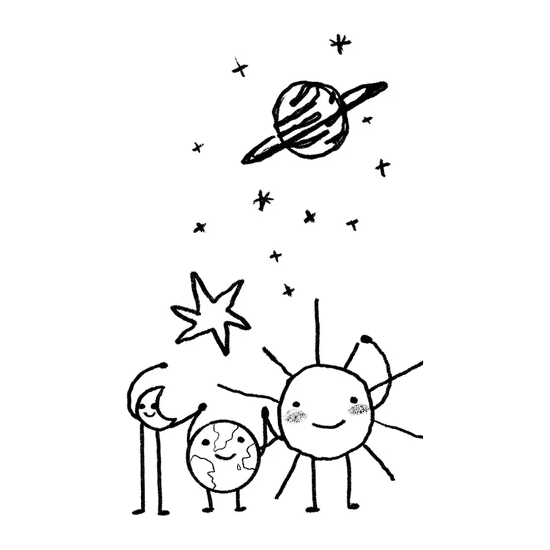 Tatuagem temporária Planetas e Espaço — Planetas e sol sorridentes. Inclui planetas, sol, estrela