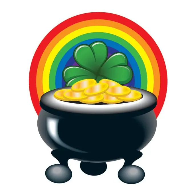 Tatuagem temporária Sorte e Jogos — Pote de ouro no arco-íris. Inclui pote de ouro, arco-íris, trevo