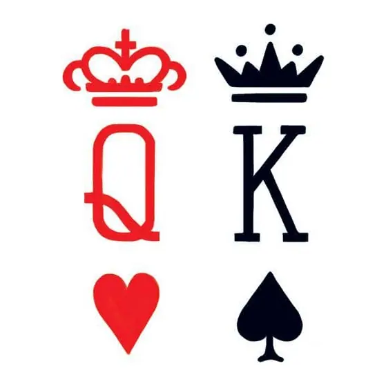 Tatuagem temporária Sorte e Jogos — Rainha de copas e rei de espadas. Inclui cartas, coroas
