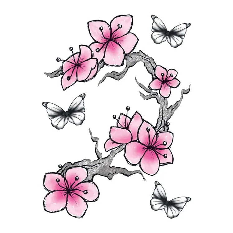 Tatuagem temporária Flores — Ramo de cerejeira com borboletas. Inclui cerejeira, borboletas