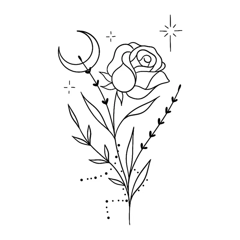 Tatuagem temporária Flores — Rosa com lua e constelação. Inclui rosa, lua