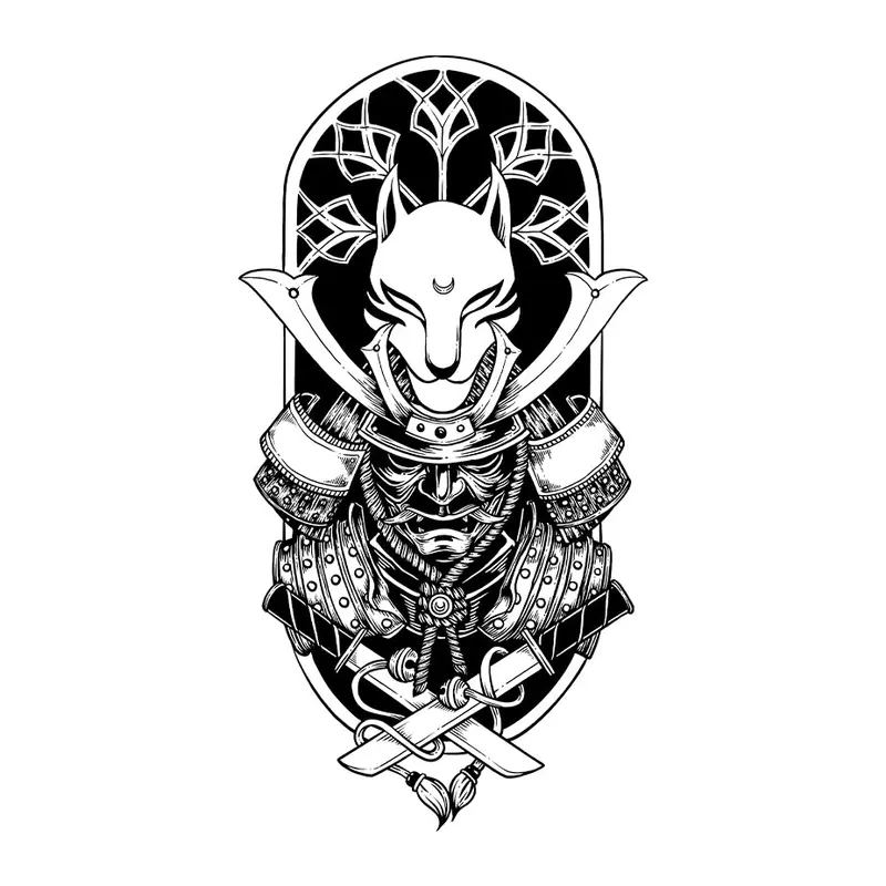 Tatuagem temporária Oriental — Samurai com máscara de raposa. Inclui samurai, máscara