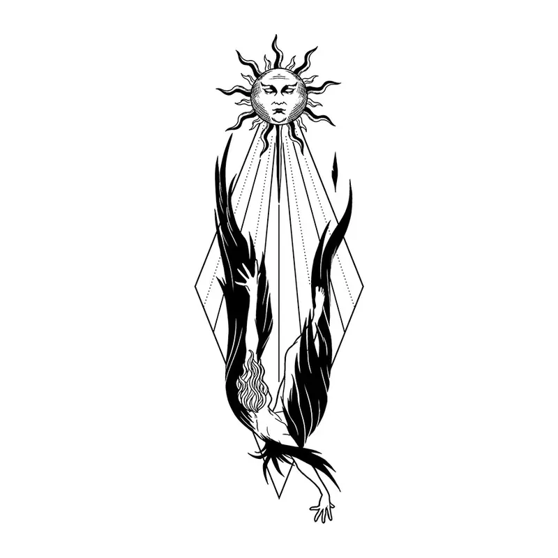 Tatuagem temporária Lua e Sol — Sol com rosto e chamas. Inclui sol, chamas