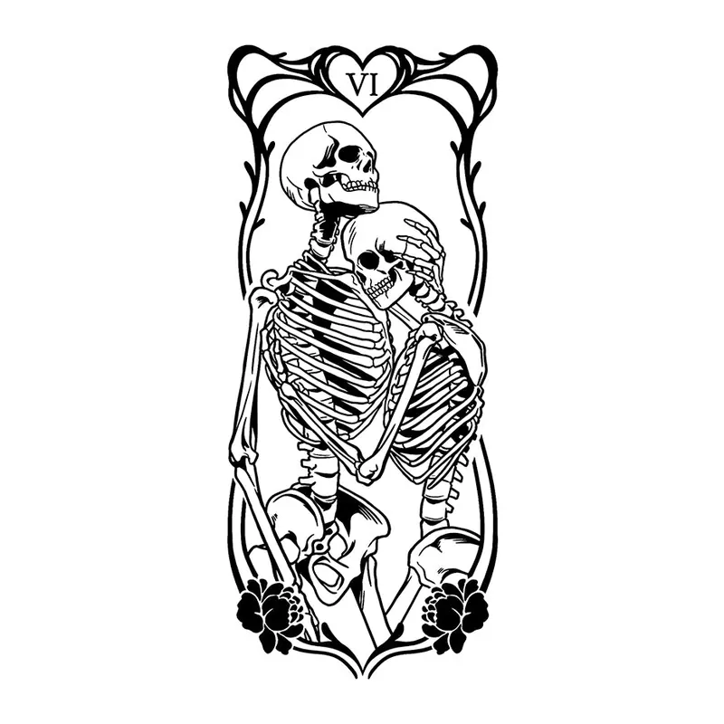 Tatuagem temporária Místico e Esotérico — Tarot: Os Enamorados. Inclui tarot, esqueletos