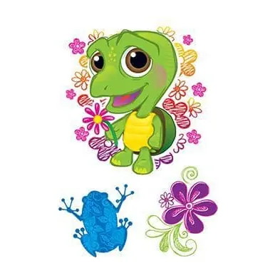 Tatuagem temporária Bichinhos Fofos — Tartaruga e sapo com flores. Inclui tartaruga, sapo, flores