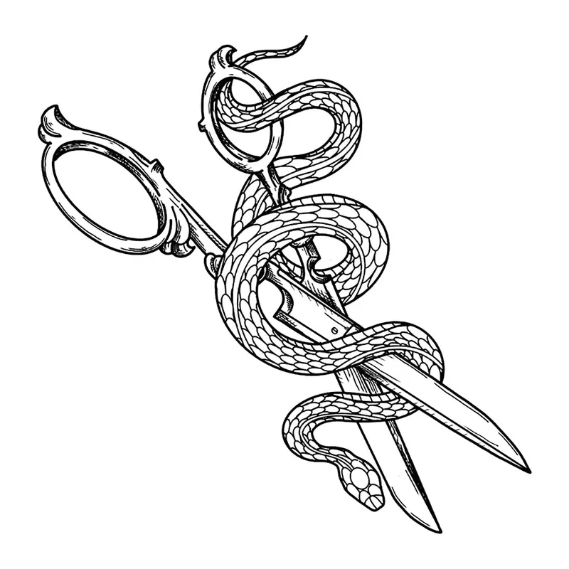 Tatuagem temporária Cobras e Répteis — Tesoura com cobra. Inclui cobra, tesoura