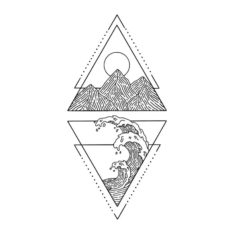 Tatuagem temporária Montanhas e Paisagens — Triângulos com montanha e onda. Inclui montanha, onda