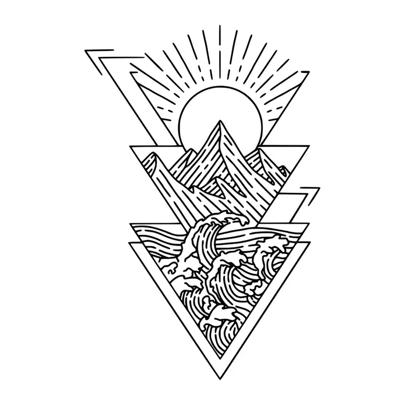 Tatuagem temporária Montanhas e Paisagens — Triângulos com montanha e sol. Inclui montanha, sol, ondas