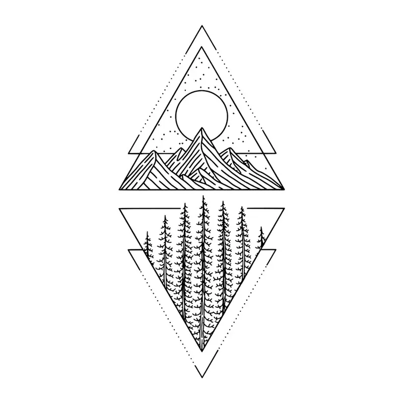 Tatuagem temporária Montanhas e Paisagens — Triângulos com montanhas e floresta. Inclui montanhas, floresta